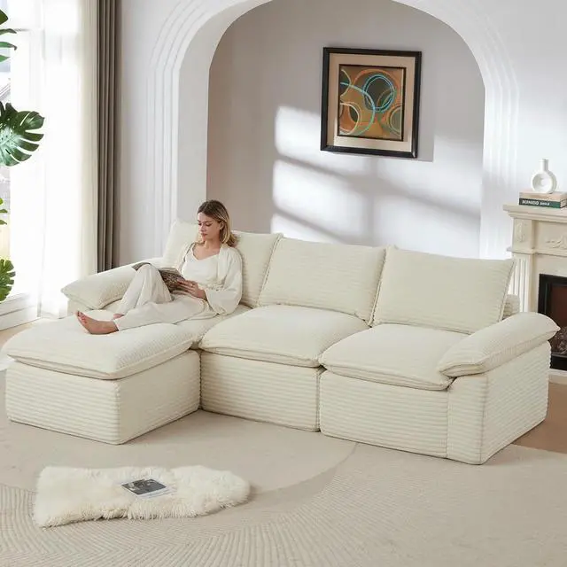 Alt view image 3 of 6 - 111" Cloud Sectional Couch with L-Shape Chaise, Modern Corduroy Viral Boneless Sofa for Living Room,Memory Foam Couces in a Box with Deep Seat,No Assembly Required (White)