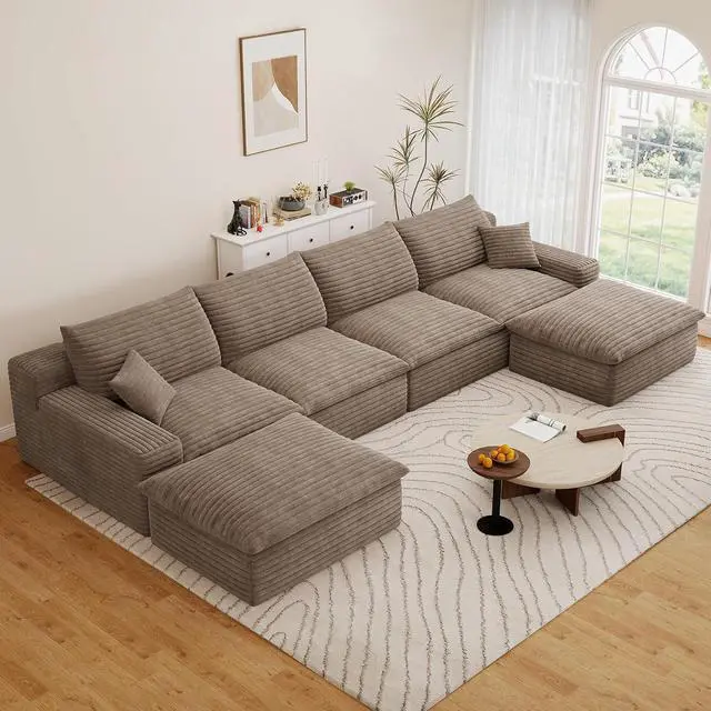 Alt view image 5 of 7 - 136" Cloud Sectional Couch with U-Shaped Chaise,4-Seater Corduroy Viral Boneless Sofa with Ottoman,Memory Foam Couches in a Box with Deep Seat for Living Room,No Assembly Required, Camel
