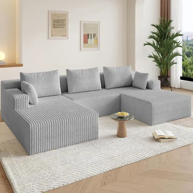 Alt view image 7 of 7 - 107" W Cloud Sectional Couch with Ottoman,Modern U-Shaped Cloud Couch with Deep Seat,Comfy Corduroy 3-Seater Sofa,Memory Foam Sofa for Living Room,No Assembly (Grey)