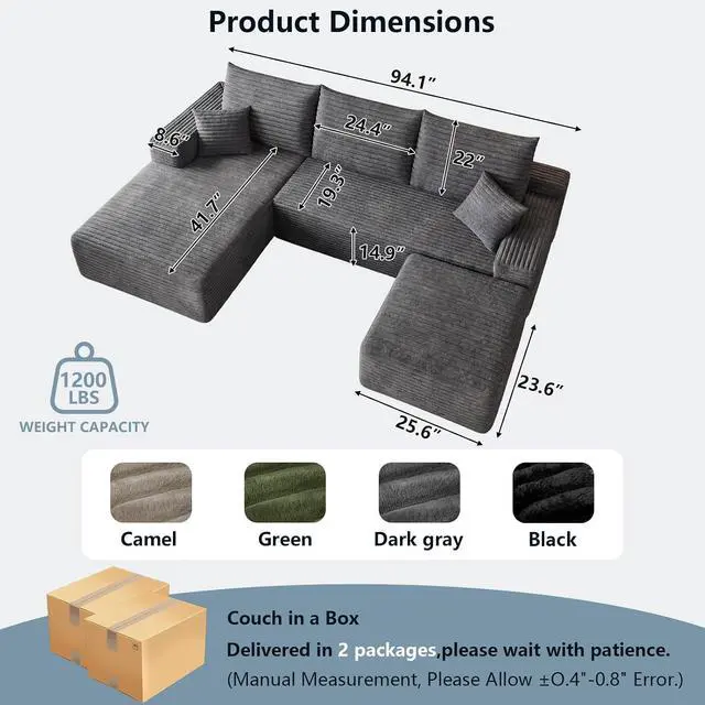 Alt view image 2 of 7 - 95" Cloud Sectional Couch with Ottoman,Modern U-Shaped Cloud Couch with Deep Seat,Comfy Corduroy 3-Seater Sofa,Memory Foam Sofa for Living Room,No Assembly (Dark Gray,Left-Facing Chaise)