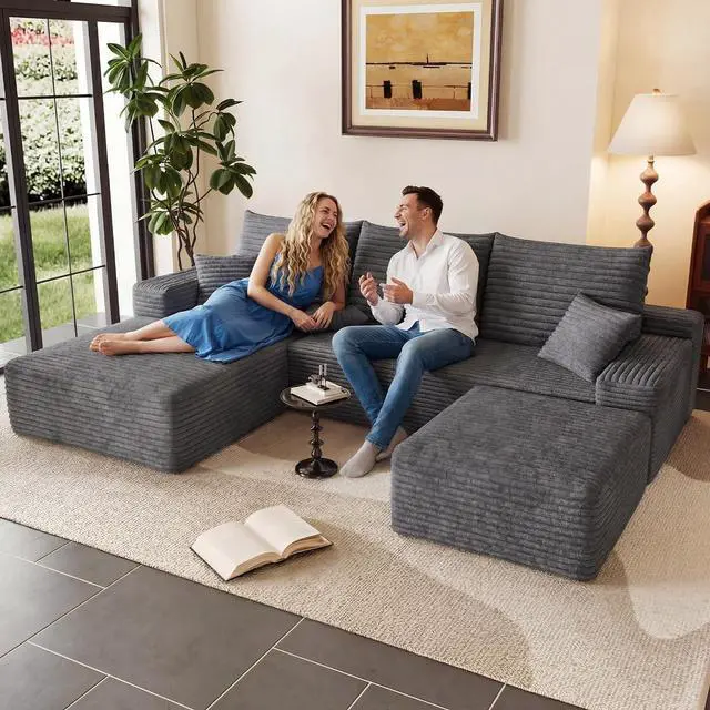 Main image of 95" Cloud Sectional Couch with Ottoman,Modern U-Shaped Cloud Couch with Deep Seat,Comfy Corduroy 3-Seater Sofa,Memory Foam Sofa for Living Room,No Assembly (Dark Gray,Left-Facing Chaise)