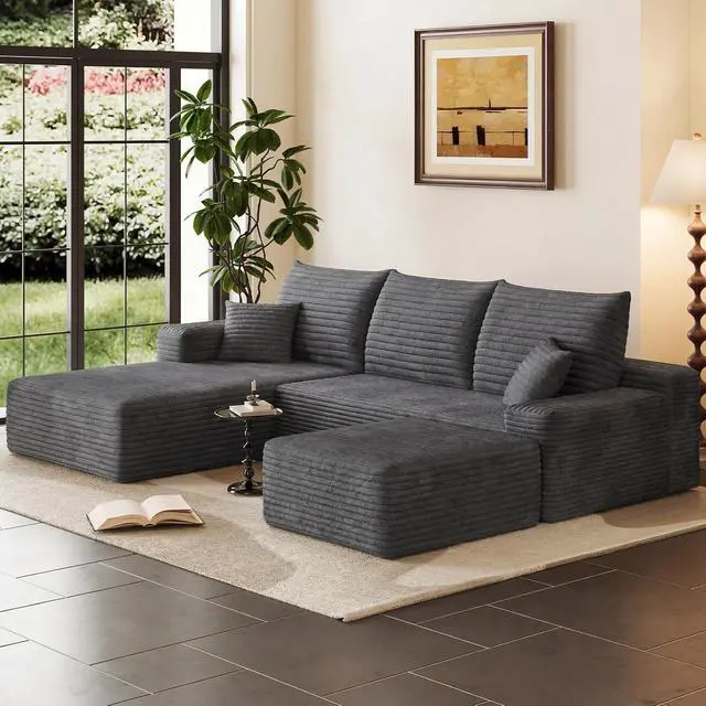 Alt view image 3 of 7 - 95" Cloud Sectional Couch with Ottoman,Modern U-Shaped Cloud Couch with Deep Seat,Comfy Corduroy 3-Seater Sofa,Memory Foam Sofa for Living Room,No Assembly (Dark Gray,Left-Facing Chaise)
