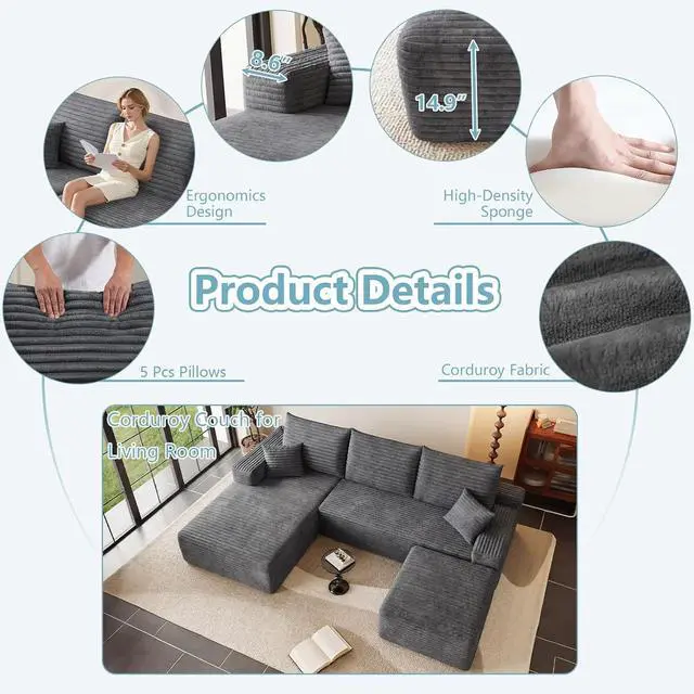 Alt view image 4 of 7 - 95" Cloud Sectional Couch with Ottoman,Modern U-Shaped Cloud Couch with Deep Seat,Comfy Corduroy 3-Seater Sofa,Memory Foam Sofa for Living Room,No Assembly (Dark Gray,Left-Facing Chaise)