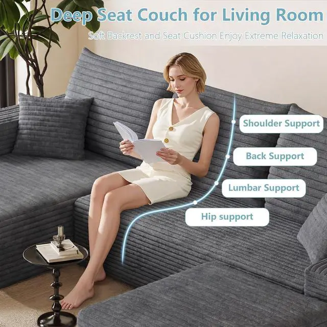 Alt view image 5 of 7 - 95" Cloud Sectional Couch with Ottoman,Modern U-Shaped Cloud Couch with Deep Seat,Comfy Corduroy 3-Seater Sofa,Memory Foam Sofa for Living Room,No Assembly (Dark Gray,Left-Facing Chaise)