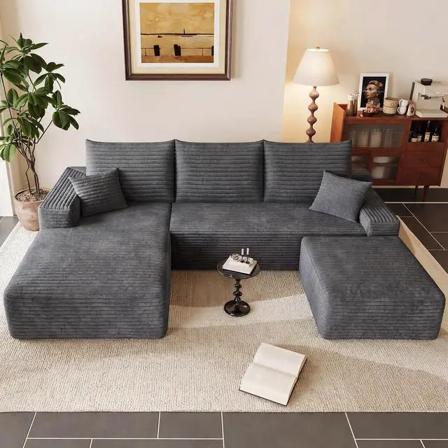 Alt view image 6 of 7 - 95" Cloud Sectional Couch with Ottoman,Modern U-Shaped Cloud Couch with Deep Seat,Comfy Corduroy 3-Seater Sofa,Memory Foam Sofa for Living Room,No Assembly (Dark Gray,Left-Facing Chaise)