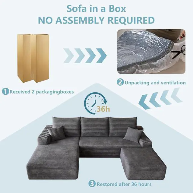 Alt view image 7 of 7 - 95" Cloud Sectional Couch with Ottoman,Modern U-Shaped Cloud Couch with Deep Seat,Comfy Corduroy 3-Seater Sofa,Memory Foam Sofa for Living Room,No Assembly (Dark Gray,Left-Facing Chaise)