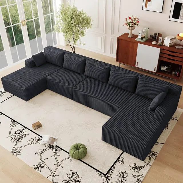 Main image of 160" W Cloud Sectional Couch,Modern U-Shaped Cloud Couch with Deep Seat,Comfy Corduroy 5-Seater Sofa,Memory Foam Sofa for Living Room,No Assembly (Black,Right-Facing Chaise)