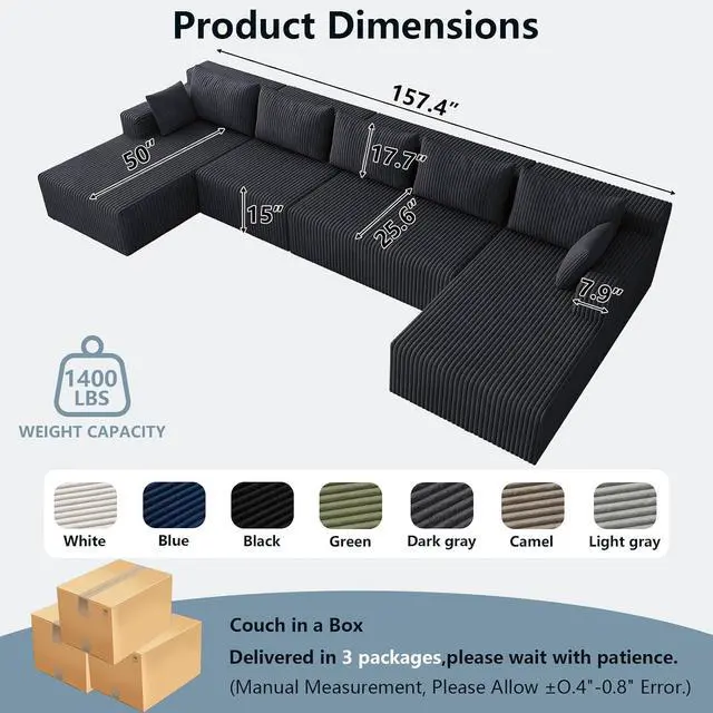 Alt view image 2 of 7 - 160" W Cloud Sectional Couch,Modern U-Shaped Cloud Couch with Deep Seat,Comfy Corduroy 5-Seater Sofa,Memory Foam Sofa for Living Room,No Assembly (Black,Right-Facing Chaise)