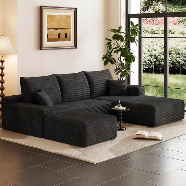 Main image of 95" Cloud Sectional Couch with Ottoman,Modern U-Shaped Cloud Couch with Deep Seat,Comfy Corduroy 3-Seater Sofa,Memory Foam Sofa for Living Room,No Assembly (Black,Right-Facing Chaise)