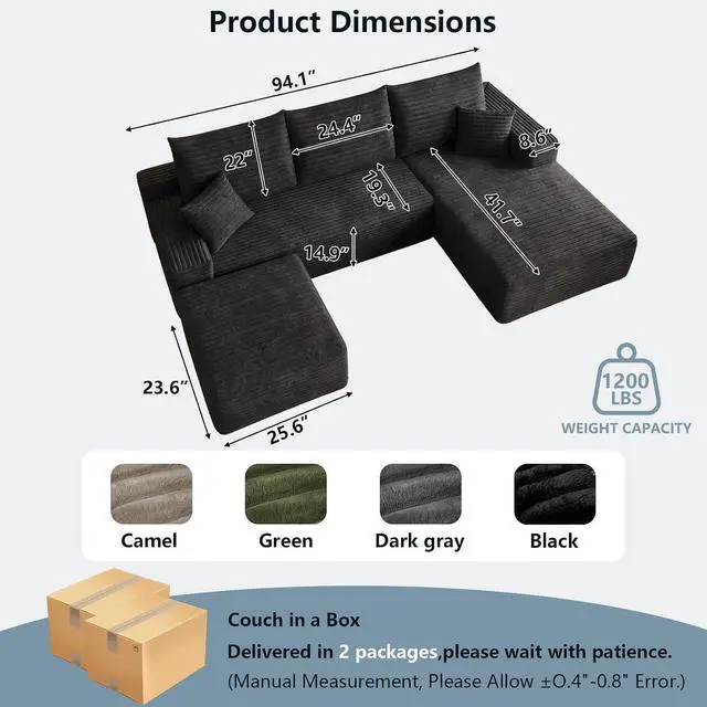 Alt view image 2 of 7 - 95" Cloud Sectional Couch with Ottoman,Modern U-Shaped Cloud Couch with Deep Seat,Comfy Corduroy 3-Seater Sofa,Memory Foam Sofa for Living Room,No Assembly (Black,Right-Facing Chaise)