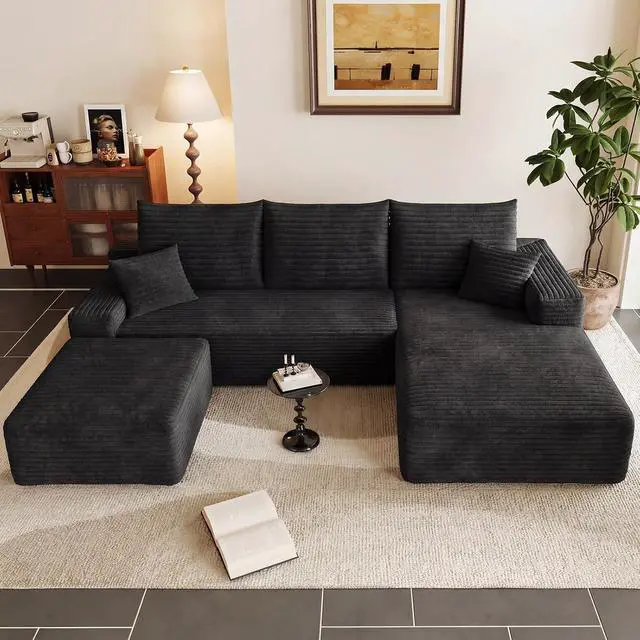 Alt view image 6 of 7 - 95" Cloud Sectional Couch with Ottoman,Modern U-Shaped Cloud Couch with Deep Seat,Comfy Corduroy 3-Seater Sofa,Memory Foam Sofa for Living Room,No Assembly (Black,Right-Facing Chaise)