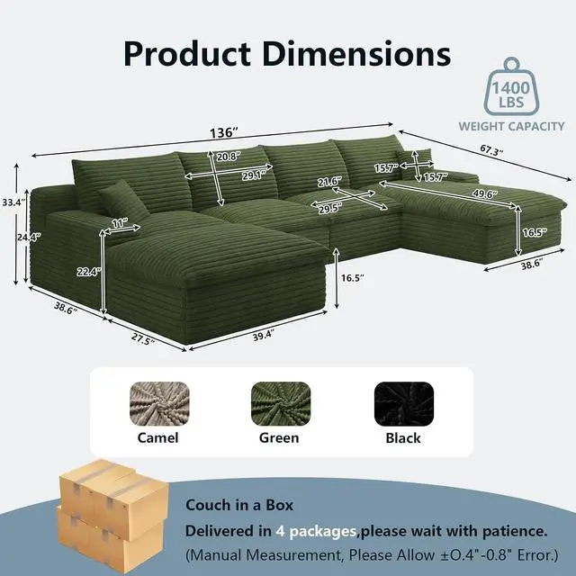Alt view image 2 of 7 - 136" Cloud Sectional Couch with U-Shaped Chaise,Corduroy Viral Boneless Sofa with Ottoman,Memory Foam Couches in a Box with Deep Seat for Living Room,No Assembly Required (Green,Right-Facing Chaise)
