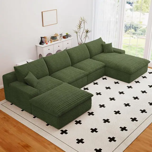 Main image of 136" Cloud Sectional Couch with U-Shaped Chaise,Corduroy Viral Boneless Sofa with Ottoman,Memory Foam Couches in a Box with Deep Seat for Living Room,No Assembly Required (Green,Right-Facing Chaise)