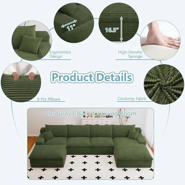 Alt view image 3 of 7 - 136" Cloud Sectional Couch with U-Shaped Chaise,Corduroy Viral Boneless Sofa with Ottoman,Memory Foam Couches in a Box with Deep Seat for Living Room,No Assembly Required (Green,Right-Facing Chaise)