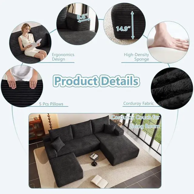 Alt view image 3 of 7 - 95" Cloud Sectional Couch with Ottoman,Modern U-Shaped Cloud Couch with Deep Seat,Comfy Corduroy 3-Seater Sofa,Memory Foam Sofa for Living Room,No Assembly (Black,Right-Facing Chaise)