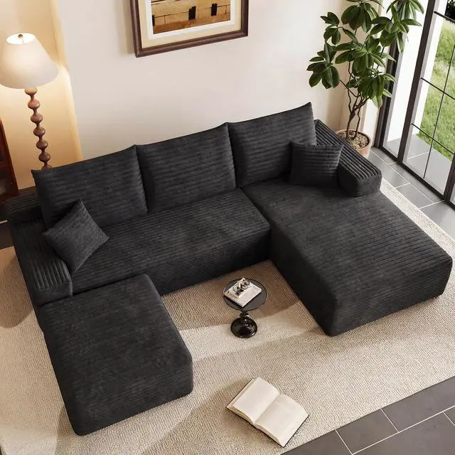 Alt view image 4 of 7 - 95" Cloud Sectional Couch with Ottoman,Modern U-Shaped Cloud Couch with Deep Seat,Comfy Corduroy 3-Seater Sofa,Memory Foam Sofa for Living Room,No Assembly (Black,Right-Facing Chaise)