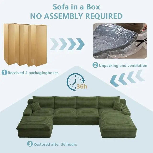 Alt view image 7 of 7 - 136" Cloud Sectional Couch with U-Shaped Chaise,Corduroy Viral Boneless Sofa with Ottoman,Memory Foam Couches in a Box with Deep Seat for Living Room,No Assembly Required (Green,Right-Facing Chaise)