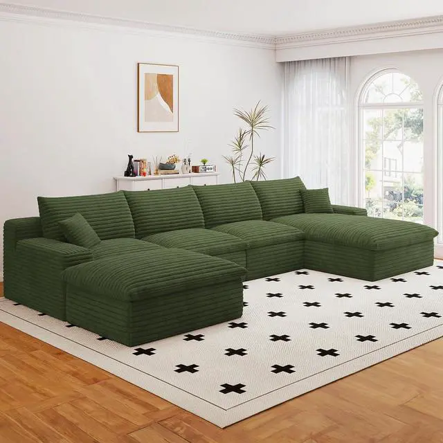 Alt view image 4 of 7 - 136" Cloud Sectional Couch with U-Shaped Chaise,Corduroy Viral Boneless Sofa with Ottoman,Memory Foam Couches in a Box with Deep Seat for Living Room,No Assembly Required (Green,Right-Facing Chaise)