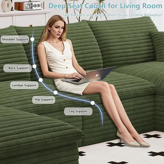 Alt view image 5 of 7 - 136" Cloud Sectional Couch with U-Shaped Chaise,Corduroy Viral Boneless Sofa with Ottoman,Memory Foam Couches in a Box with Deep Seat for Living Room,No Assembly Required (Green,Right-Facing Chaise)
