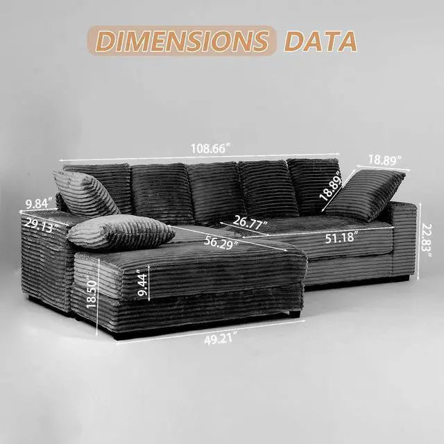 Alt view image 2 of 7 - 108.6" Corduroy Modular Sectional Sofa with Ottoman & Storage, Modern Deep-Seat L-Shaped Sectional with 8 Pillows, Cloud-Like Couch for Living Room, Office & Apartment, Light Grey