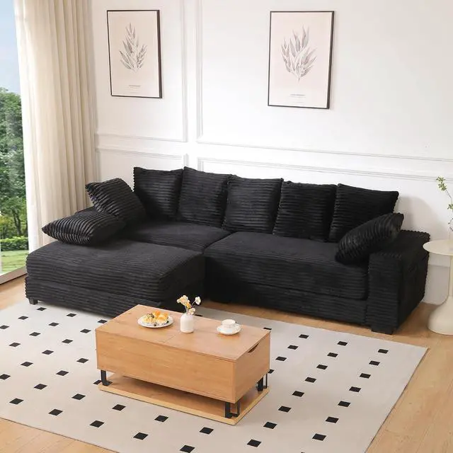 Main image of 108.6" Corduroy Modular Sectional Sofa with Ottoman & Storage, Modern Deep-Seat L-Shaped Sectional with 8 Pillows, Cloud-Like Couch for Living Room, Office & Apartment, Black