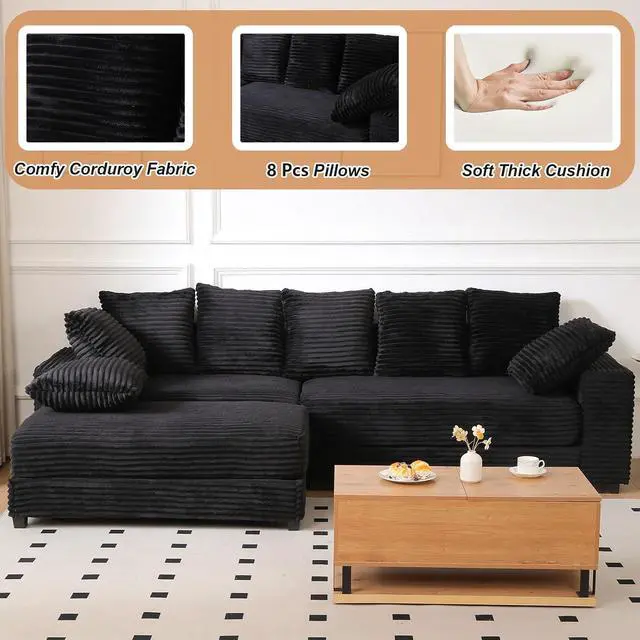 Alt view image 3 of 7 - 108.6" Corduroy Modular Sectional Sofa with Ottoman & Storage, Modern Deep-Seat L-Shaped Sectional with 8 Pillows, Cloud-Like Couch for Living Room, Office & Apartment, Black