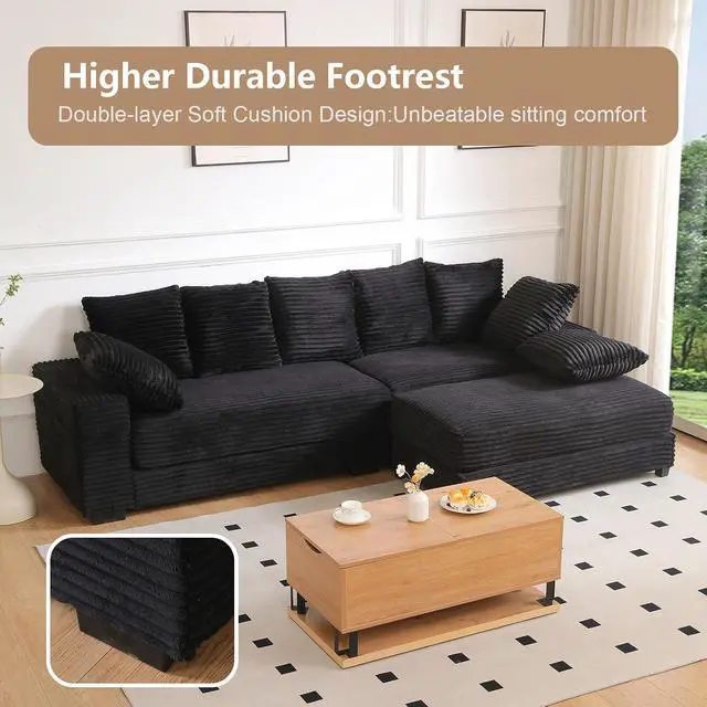 Alt view image 5 of 7 - 108.6" Corduroy Modular Sectional Sofa with Ottoman & Storage, Modern Deep-Seat L-Shaped Sectional with 8 Pillows, Cloud-Like Couch for Living Room, Office & Apartment, Black