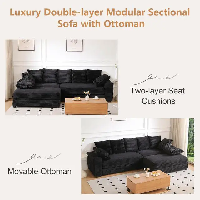Alt view image 6 of 7 - 108.6" Corduroy Modular Sectional Sofa with Ottoman & Storage, Modern Deep-Seat L-Shaped Sectional with 8 Pillows, Cloud-Like Couch for Living Room, Office & Apartment, Black