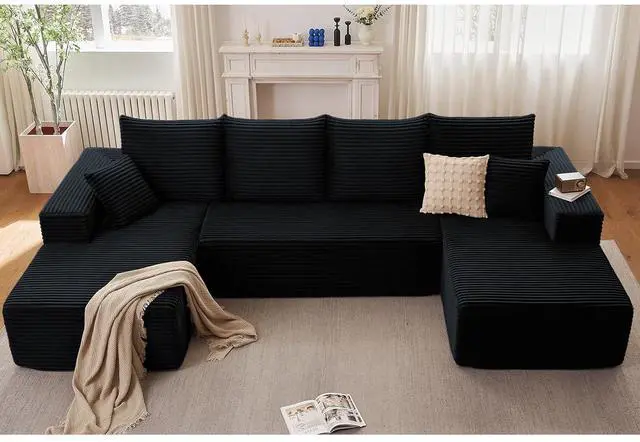 Main image of Cloud Modular Sectional Couch for Living Room,Large U-Shaped Floor Sofa Set with 6 Pillows, 134x69.7 Fluffy Deep-Seat Comfy Corduroy Sofa with Left & Right Chaise Lounges, No Assembly (Black)