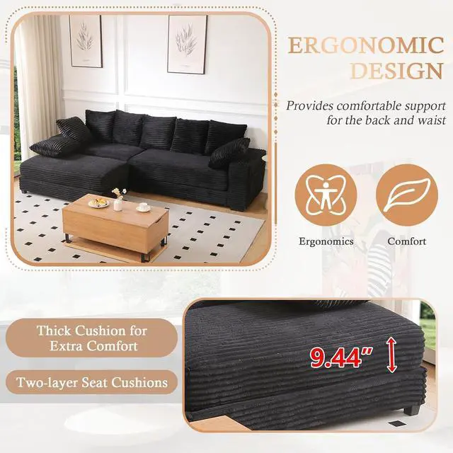 Alt view image 7 of 7 - 108.6" Corduroy Modular Sectional Sofa with Ottoman & Storage, Modern Deep-Seat L-Shaped Sectional with 8 Pillows, Cloud-Like Couch for Living Room, Office & Apartment, Black