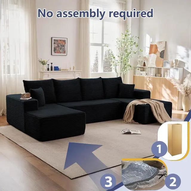 Alt view image 3 of 6 - Cloud Modular Sectional Couch for Living Room,Large U-Shaped Floor Sofa Set with 6 Pillows, 134x69.7 Fluffy Deep-Seat Comfy Corduroy Sofa with Left & Right Chaise Lounges, No Assembly (Black)