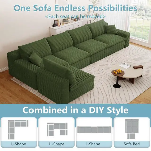 Alt view image 5 of 7 - 136" Oversized Cloud Sectional Couch with L-Shaped Chaise,5-Seater Corduroy Viral Boneless Sofa,Memory Foam Couches in a Box with Deep Seat for Living Room,No Assembly Required,Green