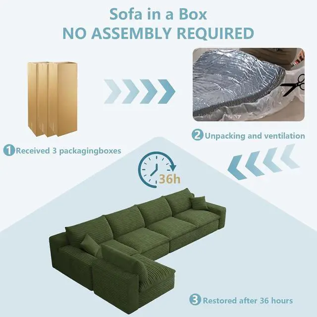 Alt view image 7 of 7 - 136" Oversized Cloud Sectional Couch with L-Shaped Chaise,5-Seater Corduroy Viral Boneless Sofa,Memory Foam Couches in a Box with Deep Seat for Living Room,No Assembly Required,Green