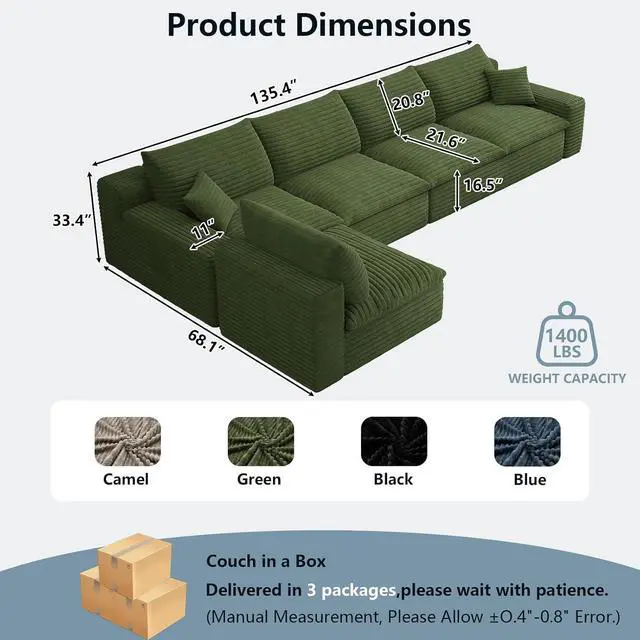 Alt view image 6 of 7 - 136" Oversized Cloud Sectional Couch with L-Shaped Chaise,5-Seater Corduroy Viral Boneless Sofa,Memory Foam Couches in a Box with Deep Seat for Living Room,No Assembly Required,Green