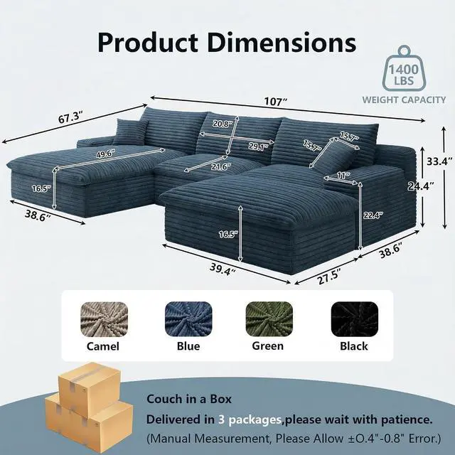 Alt view image 2 of 7 - 107" Cloud Sectional Couch with U-Shaped Chaise,Corduroy Viral Boneless Sofa with Ottoman,Memory Foam Couches in a Box with Deep Seat for Living Room,No Assembly Required (Blue,Left-Facing Chaise)