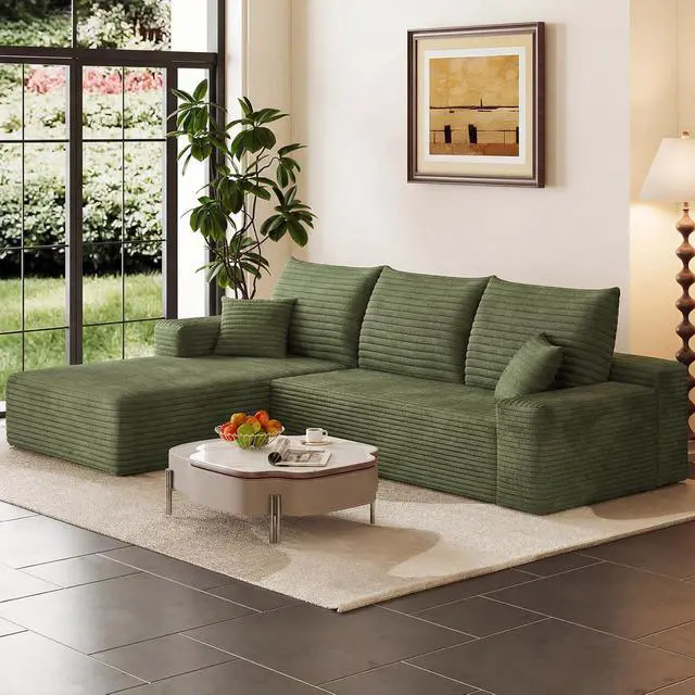 Alt view image 4 of 7 - 95" Cloud Sectional Couch with L-Shape Chaise, Modern Corduroy Boneless Couch for Living Room,Memory Foam Sofa with Deep Seat,No Assembly Required (Green,Left-Facing Chaise)