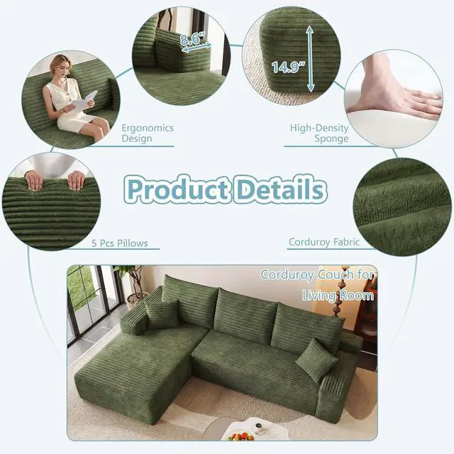 Alt view image 3 of 7 - 95" Cloud Sectional Couch with L-Shape Chaise, Modern Corduroy Boneless Couch for Living Room,Memory Foam Sofa with Deep Seat,No Assembly Required (Green,Left-Facing Chaise)