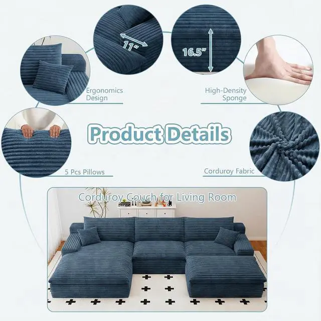 Alt view image 4 of 7 - 107" Cloud Sectional Couch with U-Shaped Chaise,Corduroy Viral Boneless Sofa with Ottoman,Memory Foam Couches in a Box with Deep Seat for Living Room,No Assembly Required (Blue,Left-Facing Chaise)