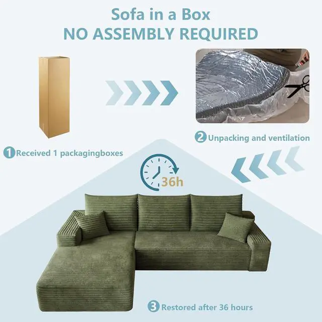 Alt view image 7 of 7 - 95" Cloud Sectional Couch with L-Shape Chaise, Modern Corduroy Boneless Couch for Living Room,Memory Foam Sofa with Deep Seat,No Assembly Required (Green,Left-Facing Chaise)
