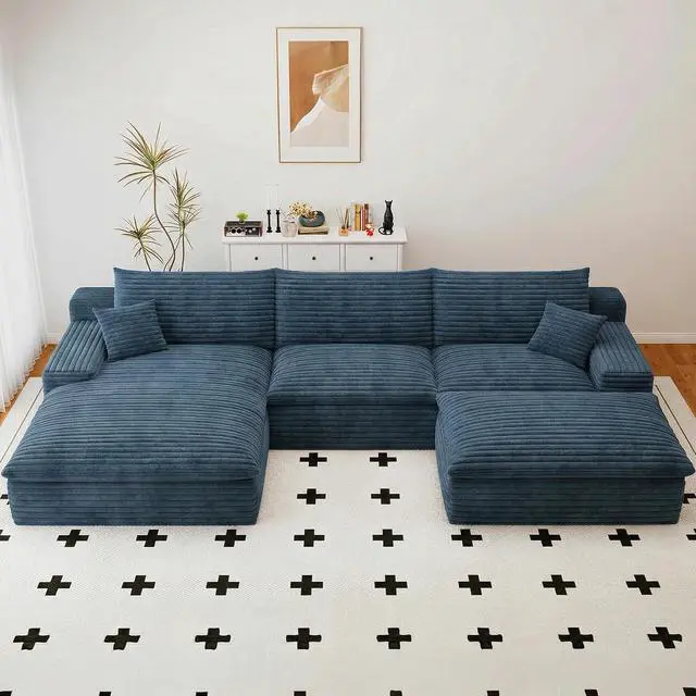 Alt view image 3 of 7 - 107" Cloud Sectional Couch with U-Shaped Chaise,Corduroy Viral Boneless Sofa with Ottoman,Memory Foam Couches in a Box with Deep Seat for Living Room,No Assembly Required (Blue,Left-Facing Chaise)