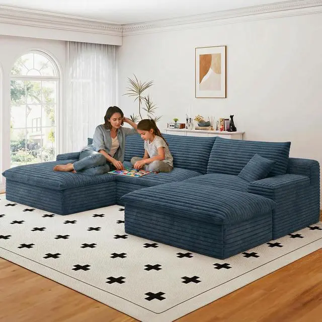 Alt view image 6 of 7 - 107" Cloud Sectional Couch with U-Shaped Chaise,Corduroy Viral Boneless Sofa with Ottoman,Memory Foam Couches in a Box with Deep Seat for Living Room,No Assembly Required (Blue,Left-Facing Chaise)