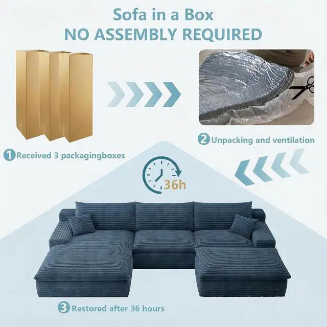 Alt view image 7 of 7 - 107" Cloud Sectional Couch with U-Shaped Chaise,Corduroy Viral Boneless Sofa with Ottoman,Memory Foam Couches in a Box with Deep Seat for Living Room,No Assembly Required (Blue,Left-Facing Chaise)