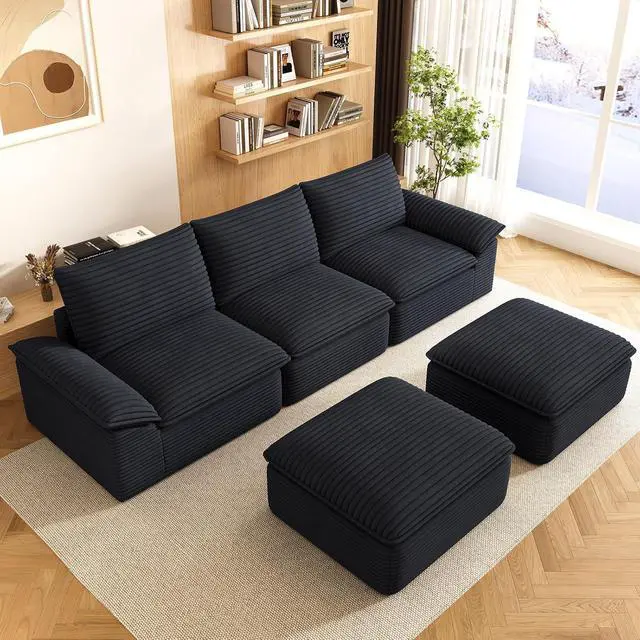 Alt view image 3 of 6 - 111" Cloud Sectional Couch with U-Shaped Chaise,Corduroy Viral Boneless Sofa with Ottoman,Memory Foam Couces in a Box with Deep Seat for Living Room,No Assembly Required (Black)