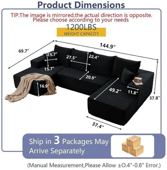 Alt view image 2 of 6 - Cloud Modular Sectional Couch for Living Room,Large U-Shaped Floor Sofa Set with 6 Pillows, 134x69.7 Fluffy Deep-Seat Comfy Corduroy Sofa with Left & Right Chaise Lounges, No Assembly (Black)