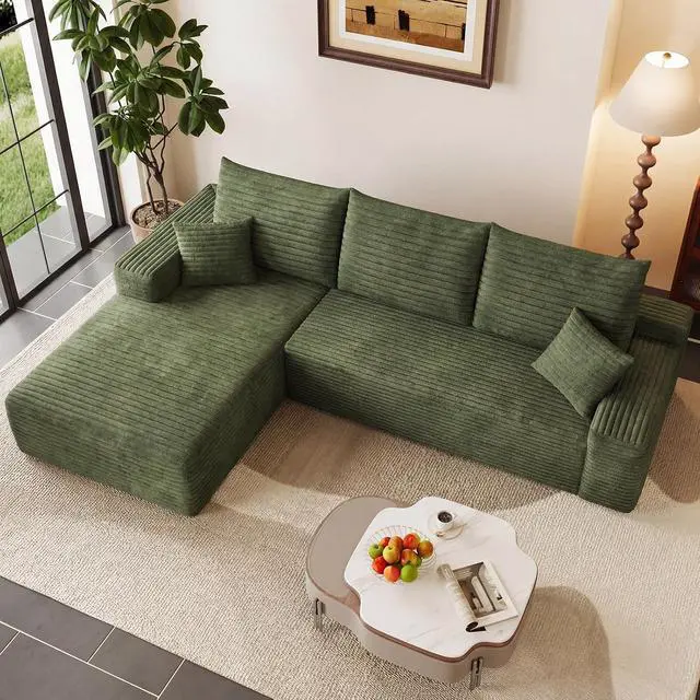 Alt view image 5 of 7 - 95" Cloud Sectional Couch with L-Shape Chaise, Modern Corduroy Boneless Couch for Living Room,Memory Foam Sofa with Deep Seat,No Assembly Required (Green,Left-Facing Chaise)