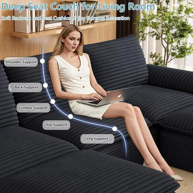 Alt view image 5 of 6 - 111" Cloud Sectional Couch with U-Shaped Chaise,Corduroy Viral Boneless Sofa with Ottoman,Memory Foam Couces in a Box with Deep Seat for Living Room,No Assembly Required (Black)