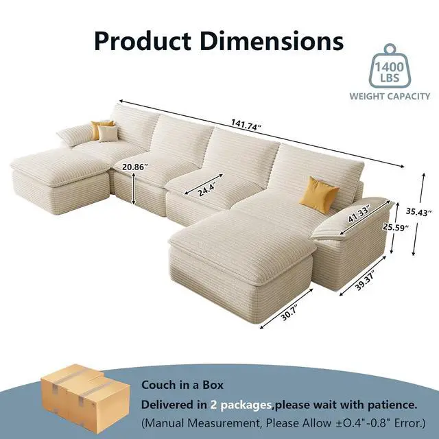 Alt view image 2 of 7 - 142" Cloud Sectional Couch with U-Shaped Chaise,Corduroy Viral Boneless Sofa with Ottoman,Memory Foam Couces in a Box with Deep Seat for Living Room,No Assembly Required (White)