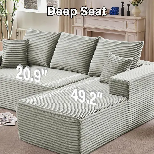 Alt view image 4 of 7 - 107" W Cloud Sectional Couch with L-Shape Chaise, Modern Corduroy Boneless Couch for Living Room,Memory Foam Sofa with Deep Seat,No Assembly Required (Grey,Right-Facing Chaise)