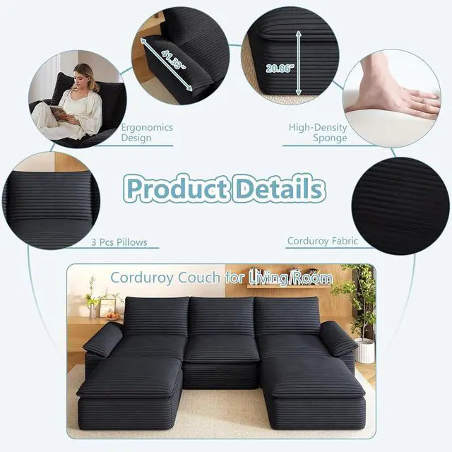 Alt view image 4 of 6 - 111" Cloud Sectional Couch with U-Shaped Chaise,Corduroy Viral Boneless Sofa with Ottoman,Memory Foam Couces in a Box with Deep Seat for Living Room,No Assembly Required (Black)
