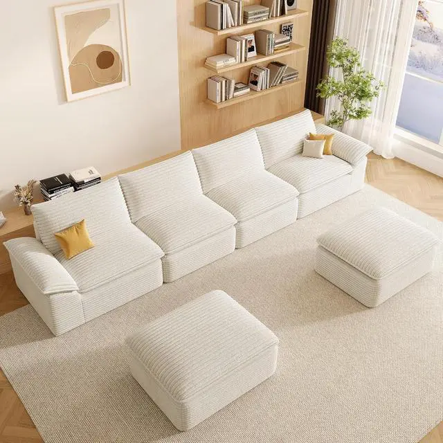 Alt view image 3 of 7 - 142" Cloud Sectional Couch with U-Shaped Chaise,Corduroy Viral Boneless Sofa with Ottoman,Memory Foam Couces in a Box with Deep Seat for Living Room,No Assembly Required (White)